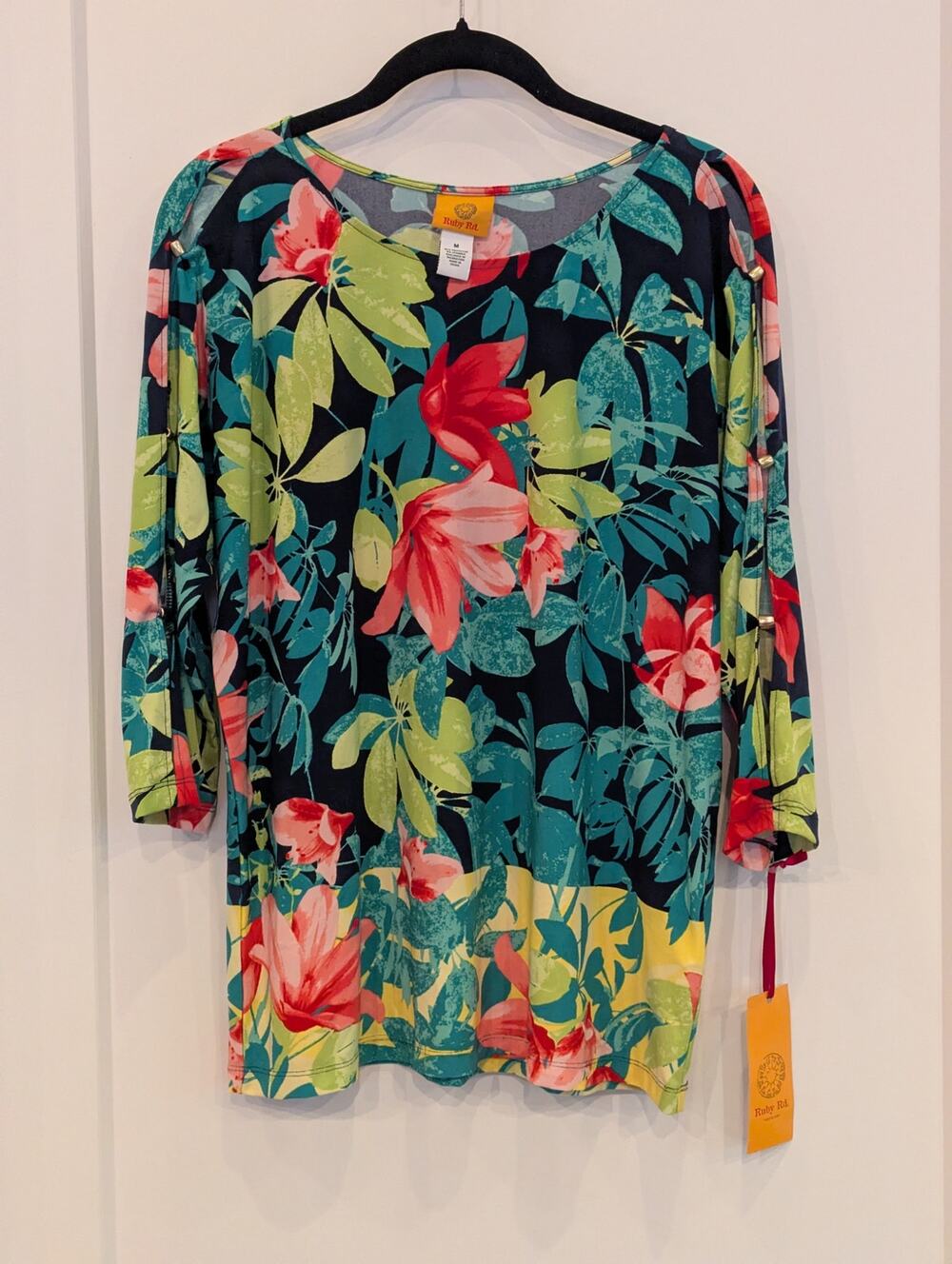 Ruby Rd M Tunic Multicolor Floral Tropical Split Sleeve NWT